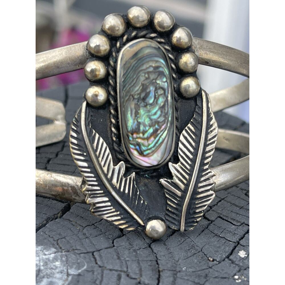 Vintage Navajo Sterling Silver Abalone Feather Cuff Bracelet HUGE Statement 37g - Picture 12 of 15